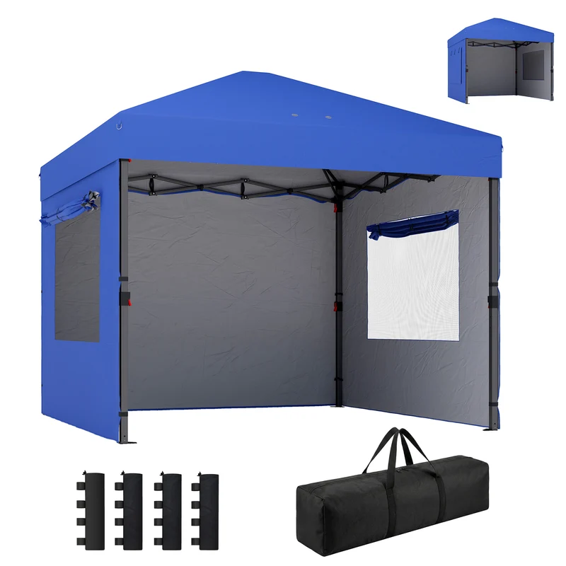 Outsunny Carpa Plegable 3x3 m, Pop-up, Cenador Pabellón de Jardín con 3 Paredes Laterales, 2 Ventanas Malla, UPF50+, Altura Ajustable 3 Niveles, Bolsa Transporte, Sacos Arena, Gazebo Exterior, Azul