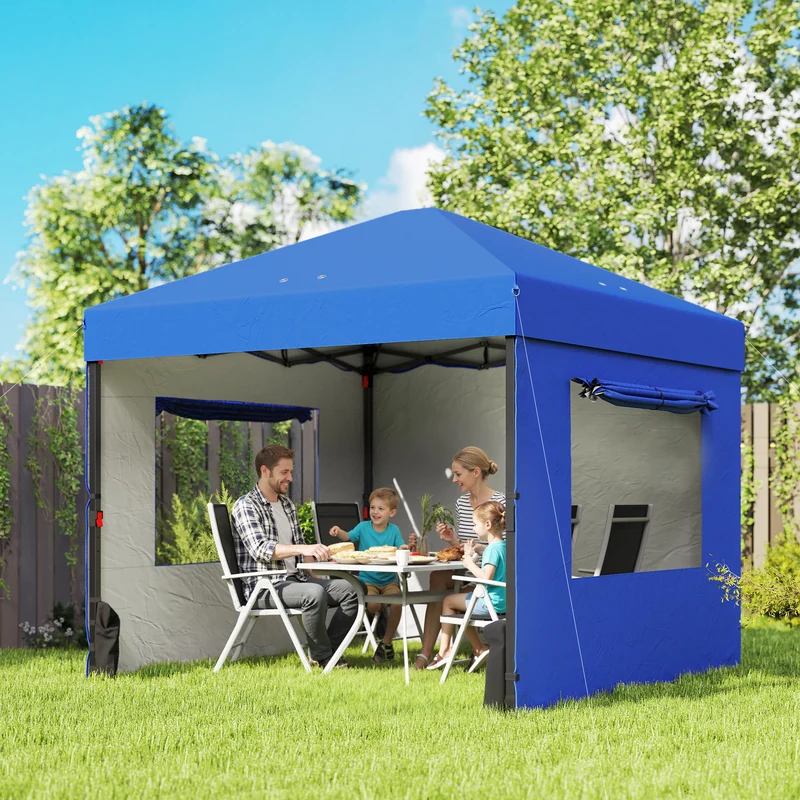 Outsunny Carpa Plegable 3x3 m, Pop-up, Cenador Pabellón de Jardín con 3 Paredes Laterales, 2 Ventanas Malla, UPF50+, Altura Ajustable 3 Niveles, Bolsa Transporte, Sacos Arena, Gazebo Exterior, Azul
