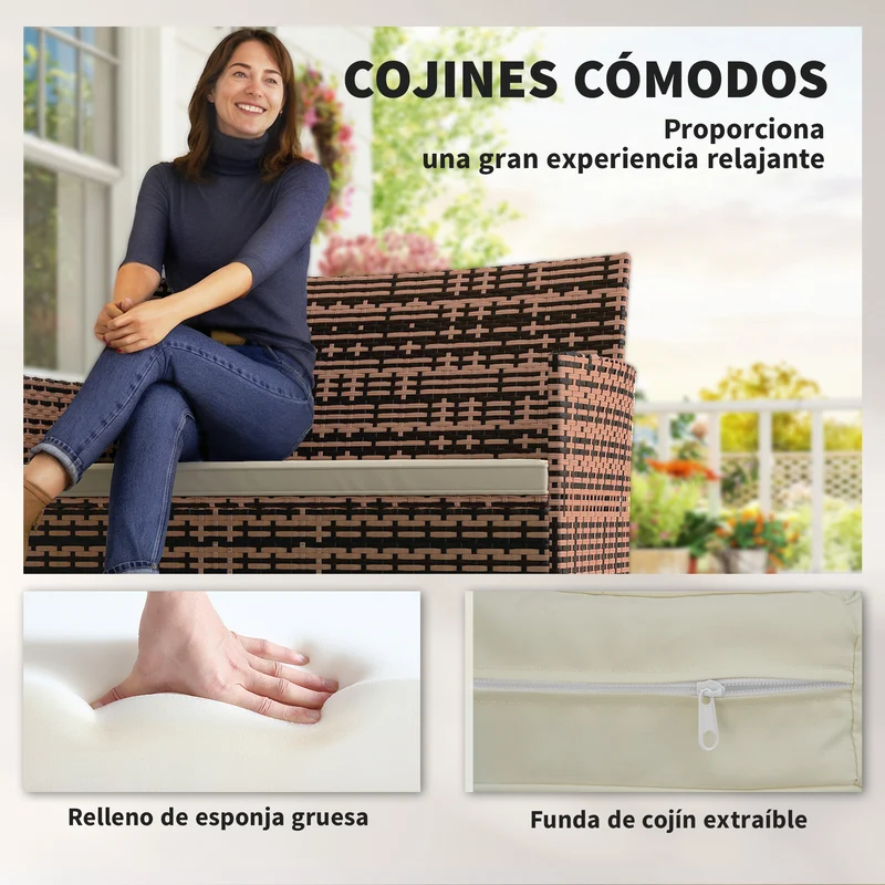 Outsunny Sofá Exterior de Ratán de 2 Plazas, Sofá de Jardín Exterior con Cojín Lavable, Estructura de Acero, para Balcón, Porche, Patio, Caqui