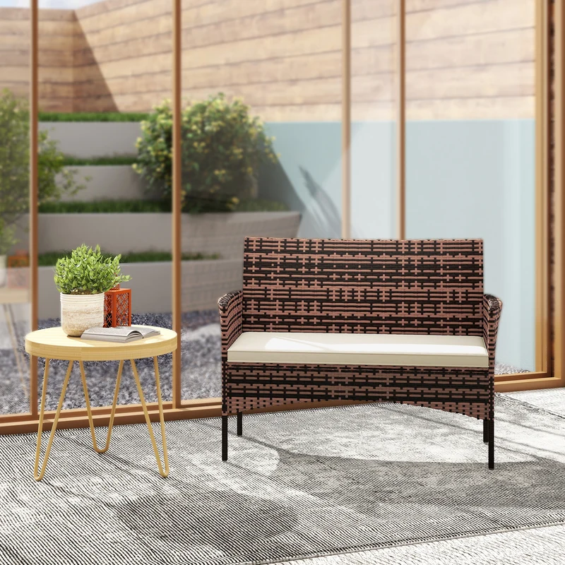 Outsunny Sofá Exterior de Ratán de 2 Plazas, Sofá de Jardín Exterior con Cojín Lavable, Estructura de Acero, para Balcón, Porche, Patio, Caqui