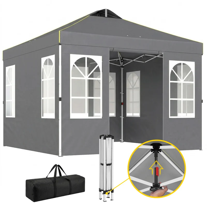 Outsunny Carpa Plegable 3x3 m, Pop-up, con 4 Laterales Extraíbles, Cenador de Jardín con UPF50+, Bloqueo Central, Altura Ajustable, Bolsa de Transporte, Sacos Arena, Gazebo para Exterior, Gris Oscuro