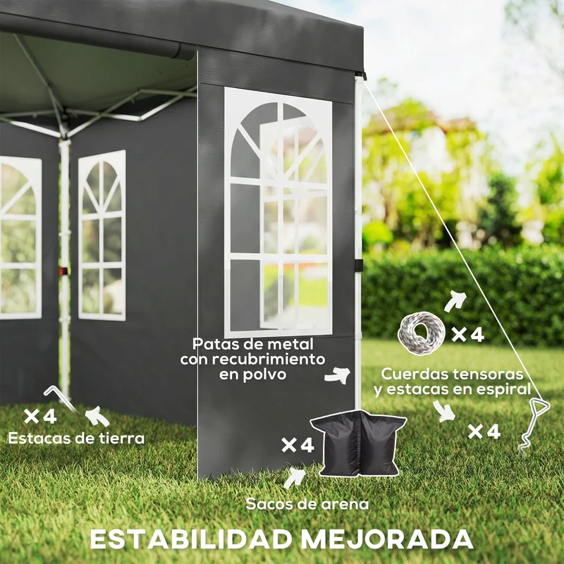 Outsunny Carpa Plegable 3x3 m, Pop-up, con 4 Laterales Extraíbles, Cenador de Jardín con UPF50+, Bloqueo Central, Altura Ajustable, Bolsa de Transporte, Sacos Arena, Gazebo para Exterior, Gris Oscuro