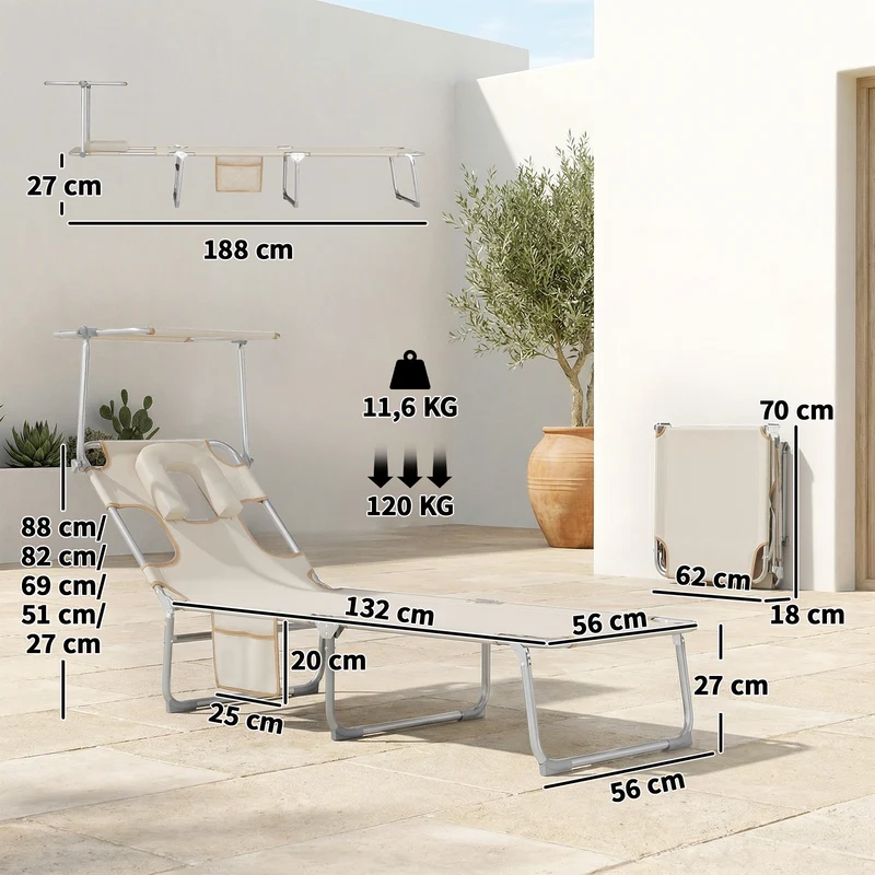 Outsunny Set de 2 Tumbonas Jardín Exterior, Tumbonas Plegables con Reposacabezas, Dosel 360°, Orificio Facial, Bolsillo Lateral, Respaldo Reclinable 5 Posiciones y Textilene 550 g/m² para Playa, Beige