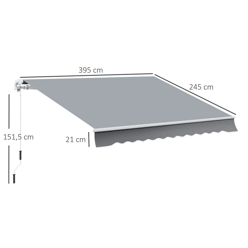 Outsunny Toldo Manual Retráctil 395x245 cm, Toldo Exterior Terraza con Ángulo Ajustable, Brazo Articulado, Montaje a Pared, Estructura de Aluminio, Anti-UV e Impermeable, para Jardín, Gris