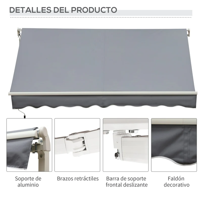 Outsunny Toldo Manual Retráctil 395x245 cm, Toldo Exterior Terraza con Ángulo Ajustable, Brazo Articulado, Montaje a Pared, Estructura de Aluminio, Anti-UV e Impermeable, para Jardín, Gris