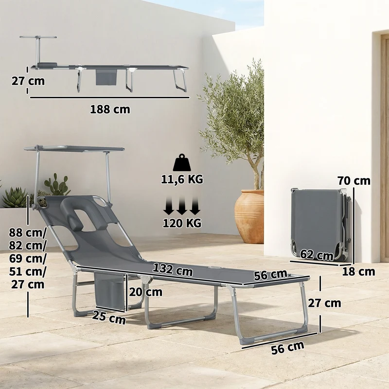 Outsunny Set de 2 Tumbonas Jardín Exterior, Tumbonas Plegables con Reposacabezas, Dosel 360°, Orificio Facial, Bolsillo Lateral, Respaldo Reclinable 5 Posiciones y Textilene 550 g/m² para Playa, Gris