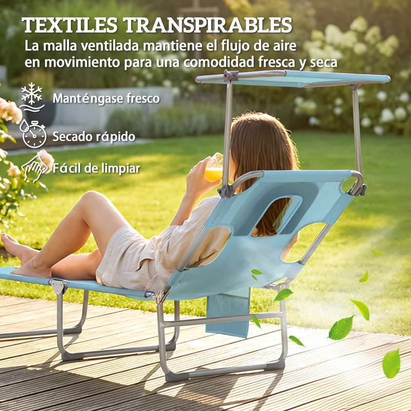 Outsunny Set de 2 Tumbonas Jardín Exterior, Tumbonas Plegables con Reposacabezas, Dosel 360°, Orificio Facial, Bolsillo Lateral, Respaldo Reclinable 5 Posiciones y Textilene 550 g/m² para Playa, Azul
