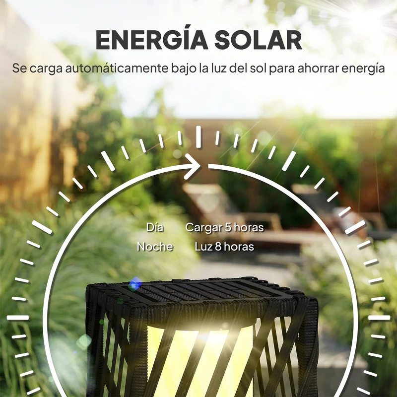 Outsunny Linterna de Jardín de Ratán, Farola Solar Exterior con Luces LED Encendido y Apagado Automático, Impermeable, IP44, Lámpara de pie para Terraza, Balcón, Patio, 16x16x68 cm, Negro