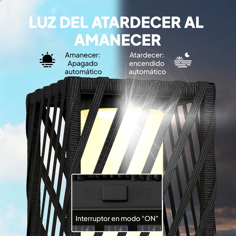Outsunny Linterna de Jardín de Ratán, Farola Solar Exterior con Luces LED Encendido y Apagado Automático, Impermeable, IP44, Lámpara de pie para Terraza, Balcón, Patio, 16x16x68 cm, Negro