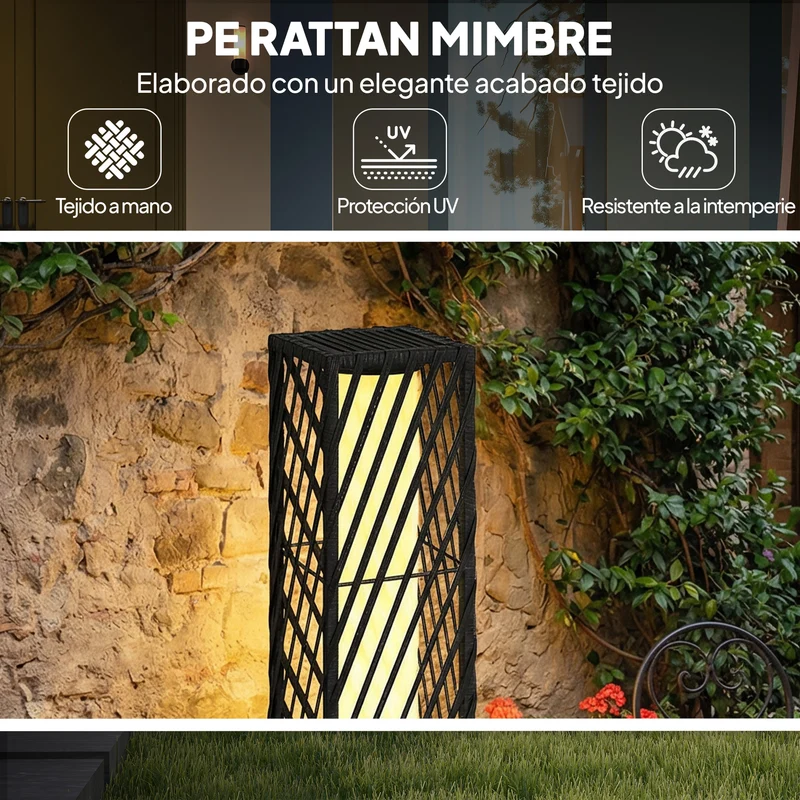 Outsunny Linterna de Jardín de Ratán, Farola Solar Exterior con Luces LED Encendido y Apagado Automático, Impermeable, IP44, Lámpara de pie para Terraza, Balcón, Patio, 16x16x68 cm, Negro