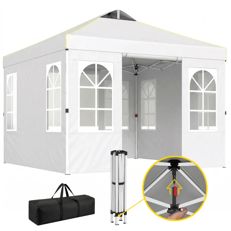 Outsunny Carpa Plegable 3x3 m, Pop-up, con 4 Laterales Extraíbles, Cenador de Jardín con UPF50+, Bloqueo Central, Altura Ajustable, Bolsa de Transporte, Sacos Arena, Gazebo para Exterior, Blanco