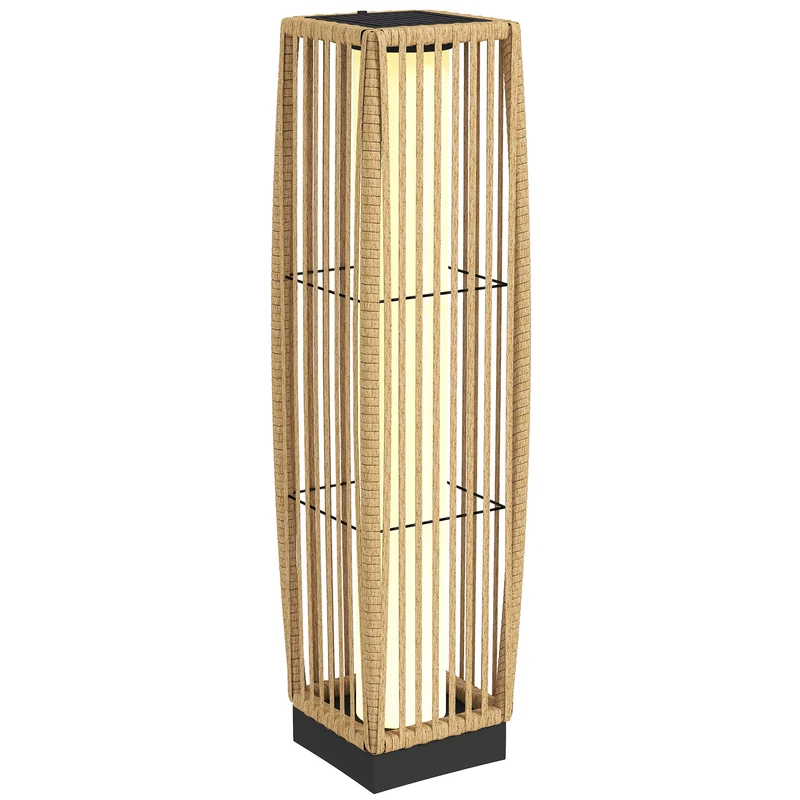 Outsunny Linterna de Jardín de Ratán, Farola Solar Exterior con Luces LED Encendido y Apagado Automático, Impermeable, IP44, Lámpara de pie para Terraza, Balcón, Patio, 19x19x68 cm, Arena