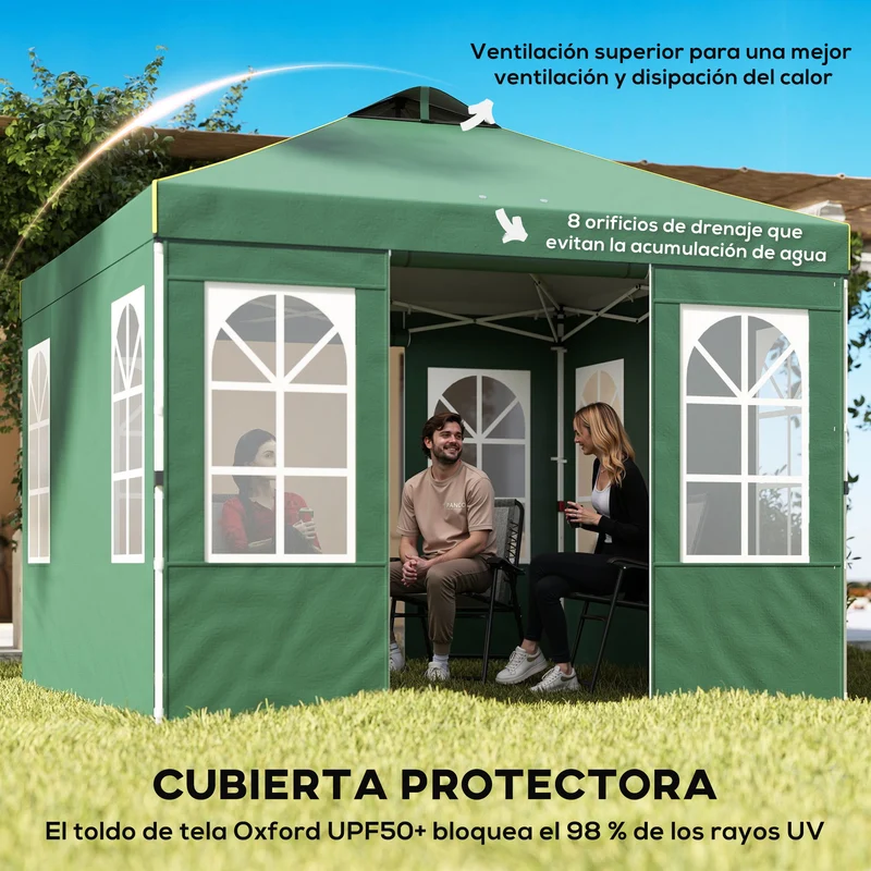 Outsunny Carpa Plegable 3x3 m, Pop-up, con 4 Laterales Extraíbles, Cenador de Jardín con UPF50+, Bloqueo Central, Altura Ajustable, Bolsa de Transporte, Sacos Arena, Gazebo para Exterior, Verde