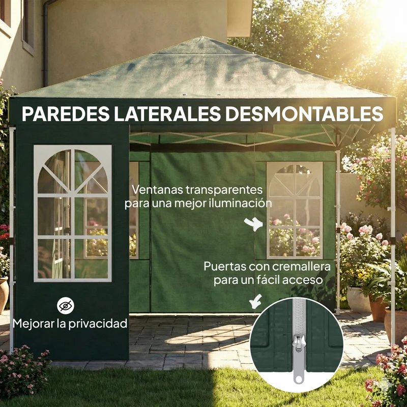 Outsunny Carpa Plegable 3x3 m, Pop-up, con 4 Laterales Extraíbles, Cenador de Jardín con UPF50+, Bloqueo Central, Altura Ajustable, Bolsa de Transporte, Sacos Arena, Gazebo para Exterior, Verde