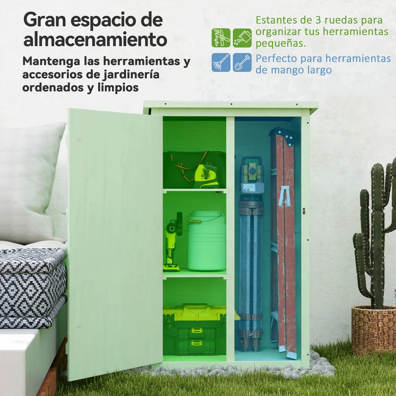 Outsunny Caseta de Jardín de Madera 75x56x115 cm Armario Cobertizo de Exterior para Herramientas con 3 Estantes Interiores Puerta con Pestillo y Techo Asfáltico Verde