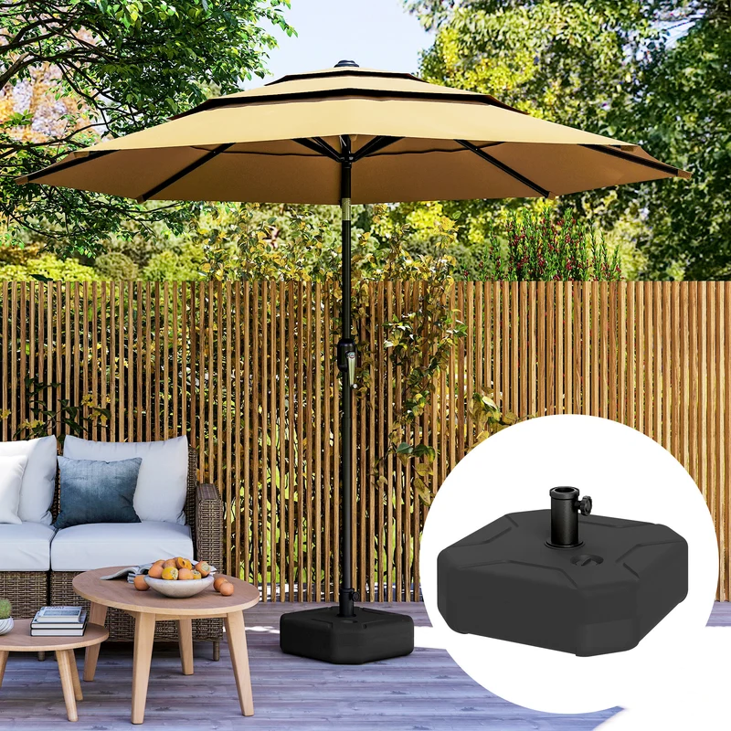 Outsunny Base para Sombrilla Cuadrada, Soporte de Parasol de HDPE, Pie para Sombrilla con Postes Ø38 mm, Ø48 mm, Rellenable de Arena 25 kg o Agua 20 kg, para Jardín, Patio, Terraza, Negro