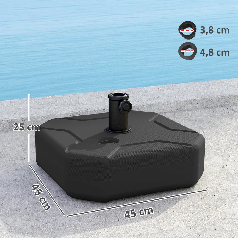 Outsunny Base para Sombrilla Cuadrada, Soporte de Parasol de HDPE, Pie para Sombrilla con Postes Ø38 mm, Ø48 mm, Rellenable de Arena 25 kg o Agua 20 kg, para Jardín, Patio, Terraza, Negro