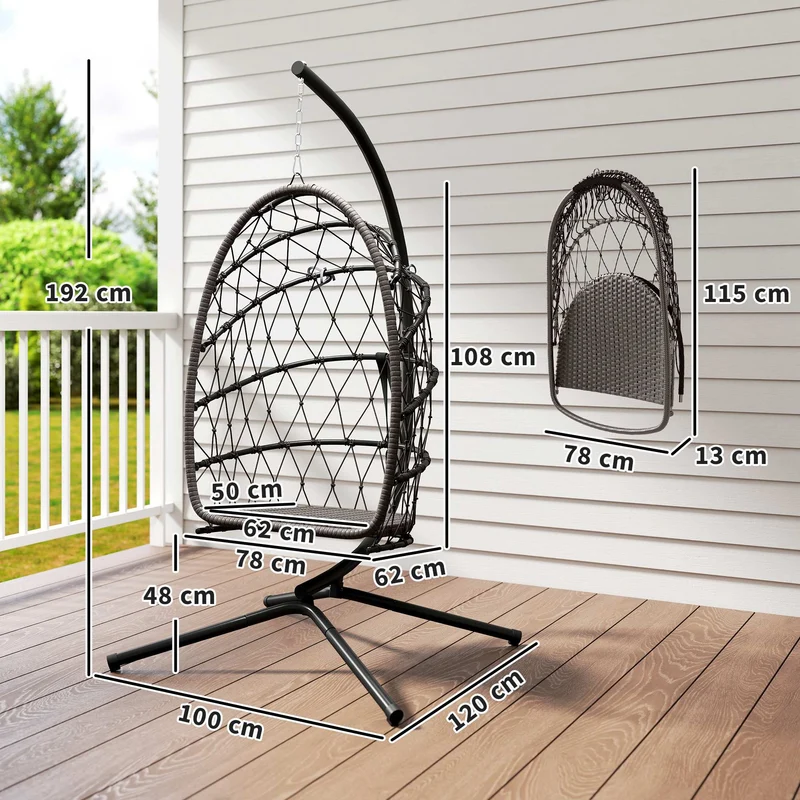 Outsunny Silla Colgante Huevo con Soporte, Columpio Jardín Exterior con Cesta Plegable de Ratán, Cojín Grueso, Reposacabezas, Funda Protectora y Cuerda para Interior y Exterior, Carga 120 kg, Marrón