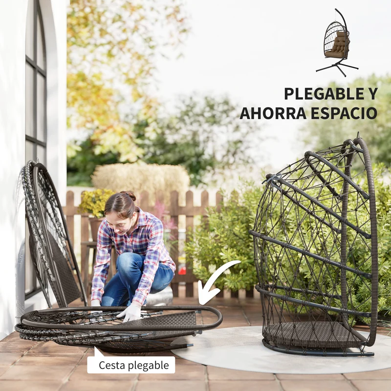 Outsunny Silla Colgante Huevo con Soporte, Columpio Jardín Exterior con Cesta Plegable de Ratán, Cojín Grueso, Reposacabezas, Funda Protectora y Cuerda para Interior y Exterior, Carga 120 kg, Marrón