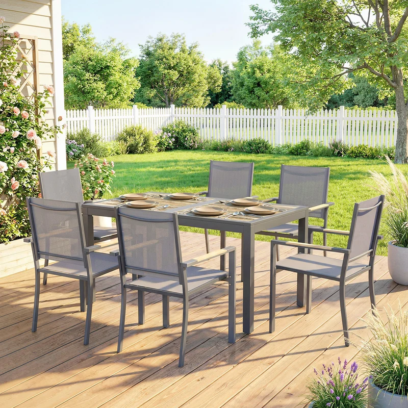 Outsunny Conjunto de Mesa y Sillas Jardín de 7 Piezas, Muebles Jardín Exterior con Mesa de Plástico PSPC, 6 Sillas Apilables Transpirables, Marco de Acero Resistente a la Intemperie, Gris Oscuro