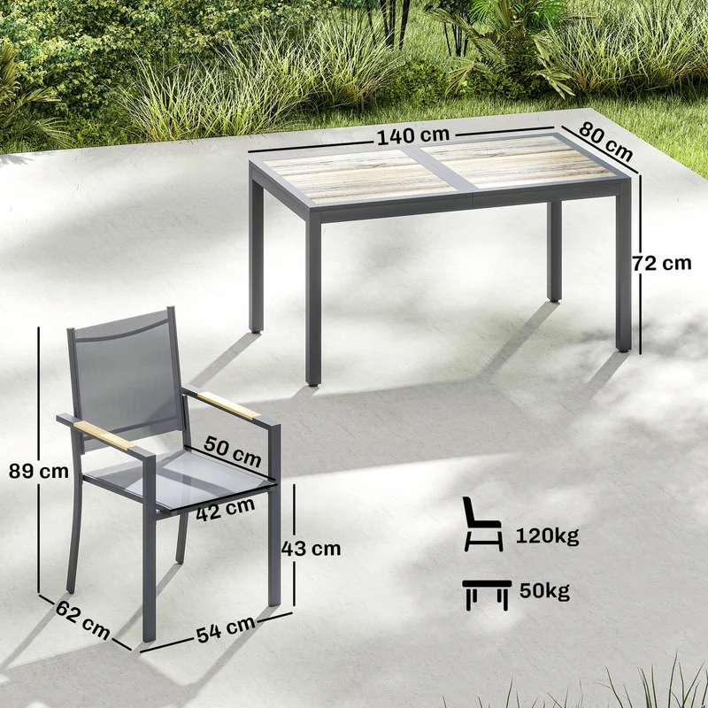 Outsunny Conjunto de Mesa y Sillas Jardín de 7 Piezas, Muebles Jardín Exterior con Mesa de Plástico PSPC, 6 Sillas Apilables Transpirables, Marco de Acero Resistente a la Intemperie, Gris Oscuro