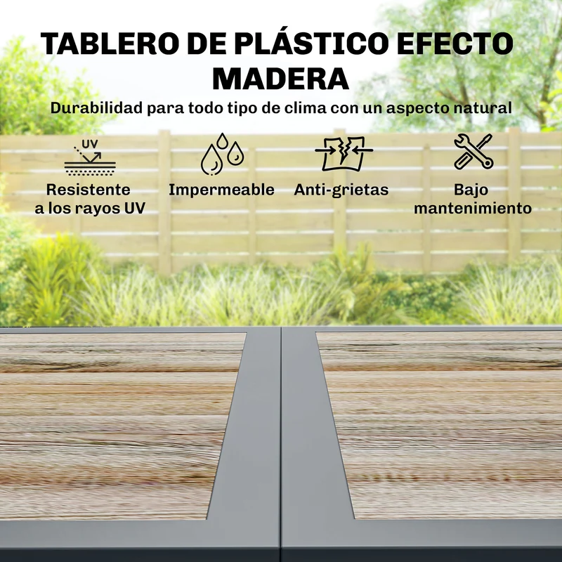 Outsunny Conjunto de Mesa y Sillas Jardín de 7 Piezas, Muebles Jardín Exterior con Mesa de Plástico PSPC, 6 Sillas Apilables Transpirables, Marco de Acero Resistente a la Intemperie, Gris Oscuro