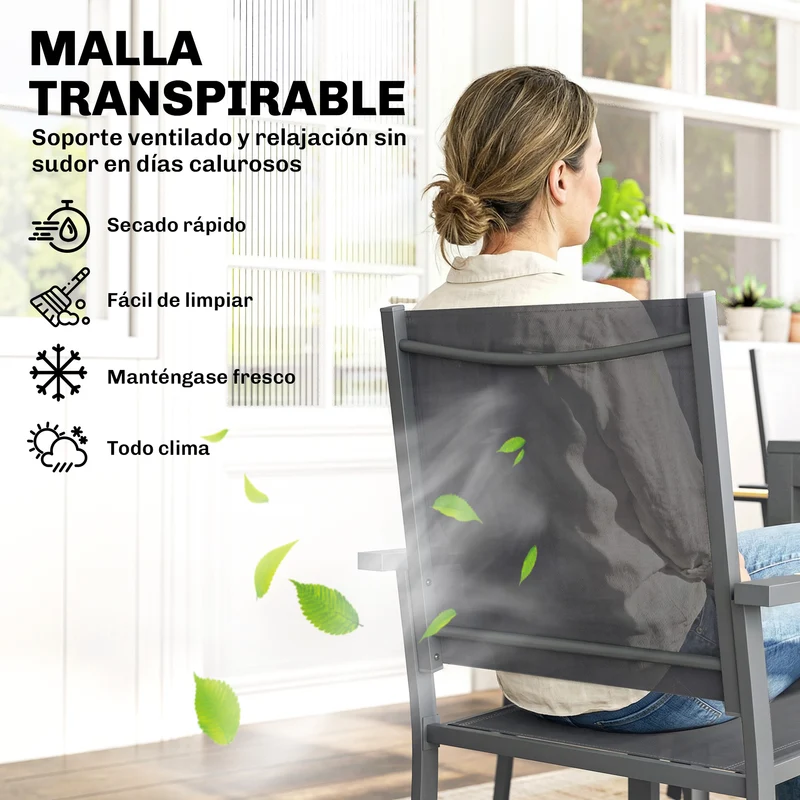 Outsunny Conjunto de Mesa y Sillas Jardín de 7 Piezas, Muebles Jardín Exterior con Mesa de Plástico PSPC, 6 Sillas Apilables Transpirables, Marco de Acero Resistente a la Intemperie, Gris Oscuro