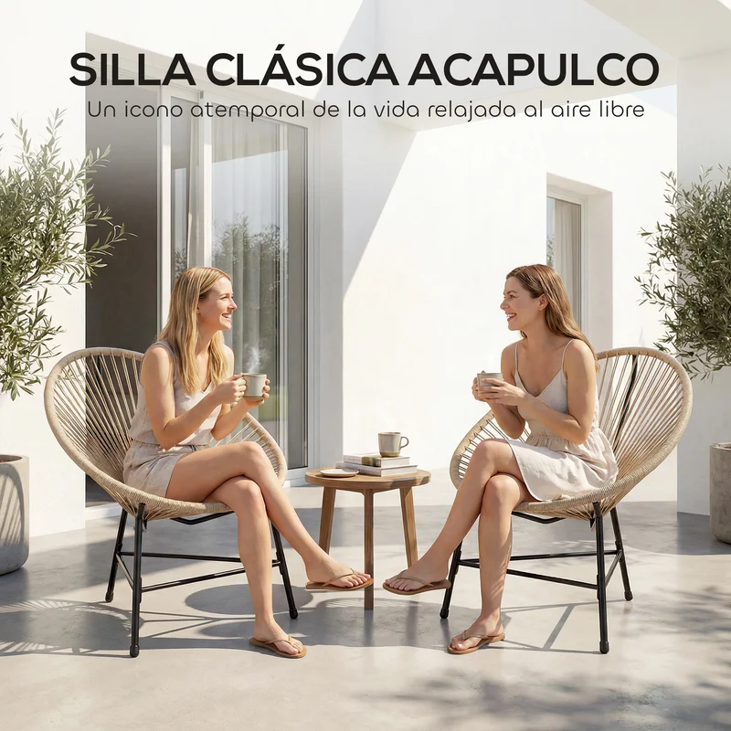 Outsunny Conjunto de 2 Sillas Acapulco de Jardín de Ratán Sintético, Sillas de Jardín Exterior con Estructura de Acero Triangular, para Balcón, Terraza, Carga 120 kg, Natural