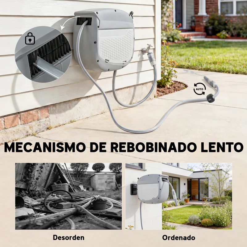 Outsunny Enrollador de Manguera para Jardín 10+1 m con Boquilla de 2 Modos, Carrete de Manguera de Jardín de Pared con Bloqueo Automático y Retracción Controlada, Soporte Orientable 180°, Gris