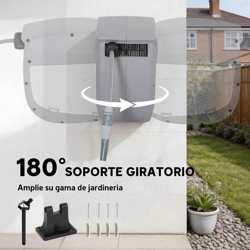 Outsunny Enrollador de Manguera para Jardín 10+1 m con Boquilla de 2 Modos, Carrete de Manguera de Jardín de Pared con Bloqueo Automático y Retracción Controlada, Soporte Orientable 180°, Gris