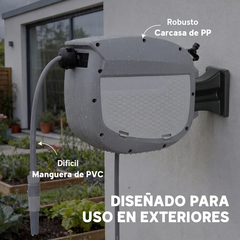 Outsunny Enrollador de Manguera para Jardín 10+1 m con Boquilla de 2 Modos, Carrete de Manguera de Jardín de Pared con Bloqueo Automático y Retracción Controlada, Soporte Orientable 180°, Gris