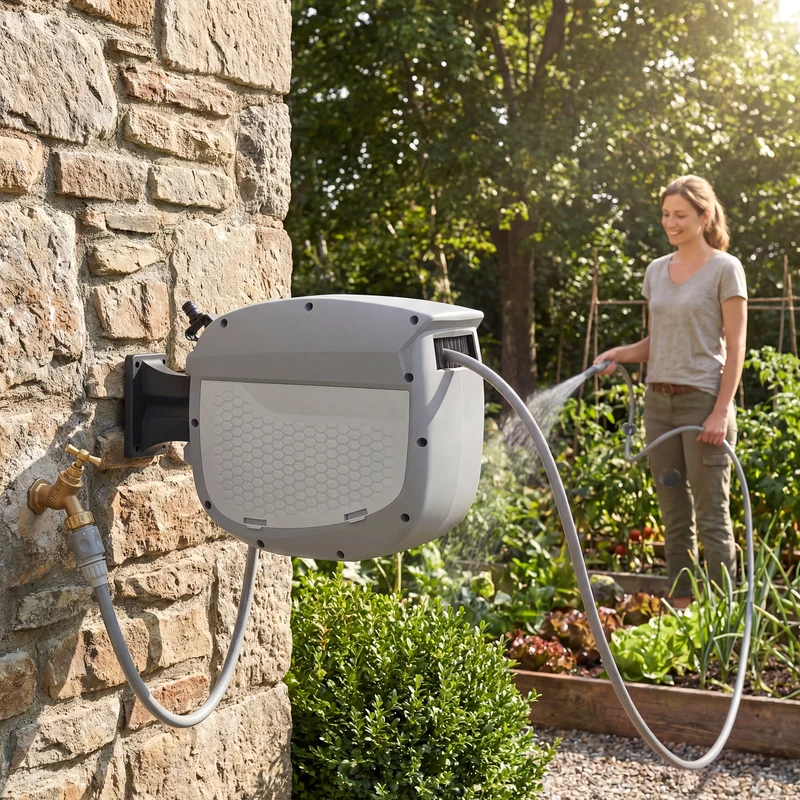 Outsunny Enrollador de Manguera para Jardín 10+1 m con Boquilla de 2 Modos, Carrete de Manguera de Jardín de Pared con Bloqueo Automático y Retracción Controlada, Soporte Orientable 180°, Gris