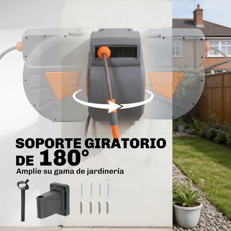 Outsunny Enrollador de Manguera para Jardín 30+2 m con Boquilla de 2 Modos, Carrete de Manguera de Jardín de Pared con Bloqueo Automático y Retracción Controlada, Soporte Orientable 180°, Naranja