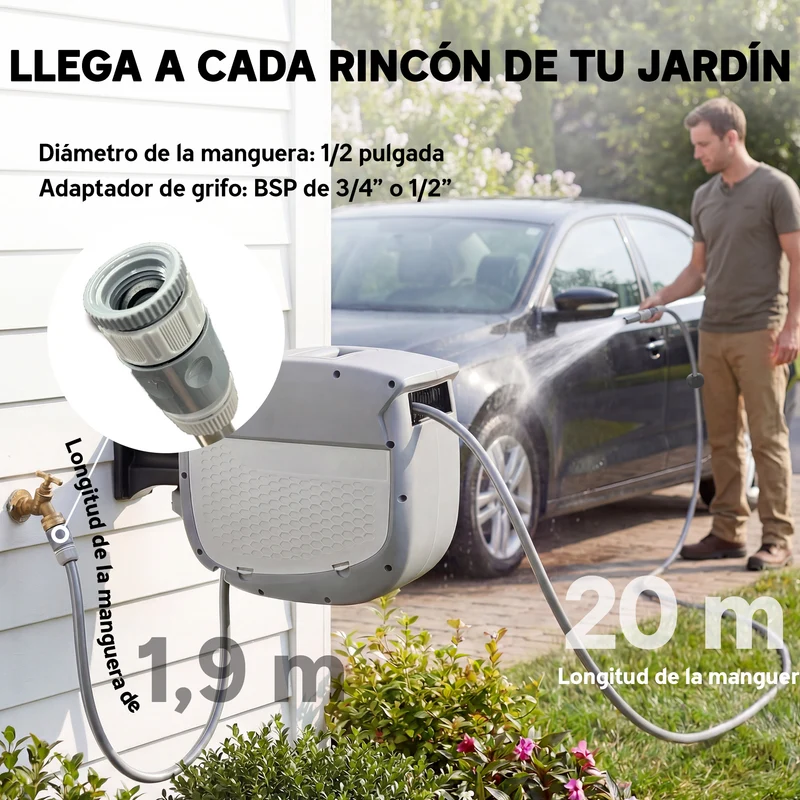 Outsunny Enrollador de Manguera para Jardín 20+1,9 m con Boquilla de 2 Modos, Carrete de Manguera de Jardín de Pared con Bloqueo Automático y Retracción Controlada, Soporte Orientable 180°, Gris