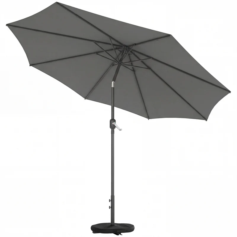 Outsunny Sombrilla Terraza Exterior, 3x3 m, Sombrilla de Jardín con Base, Bolsa de Arena, Manivela, Inclinación Ajustable, Costillas Retráctiles, Parasol para Patio, Terraza, Gris Oscuro