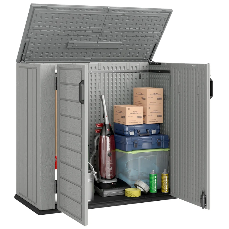 Outsunny Armario de Exterior de HDPE, 940L, Caseta de Jardín Exterior con Tapa Abatible, 2 Puertas, Cerradura, Cobertizo de Jardín para Almacenaje Herramientas, 142x67x119 cm, Gris Claro