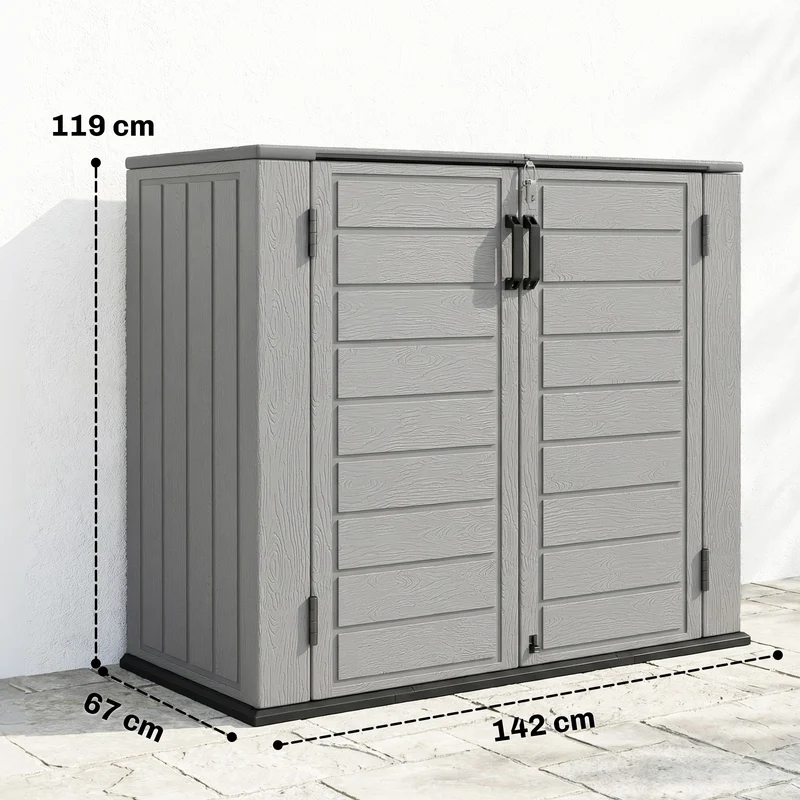 Outsunny Armario de Exterior de HDPE, 940L, Caseta de Jardín Exterior con Tapa Abatible, 2 Puertas, Cerradura, Cobertizo de Jardín para Almacenaje Herramientas, 142x67x119 cm, Gris Claro
