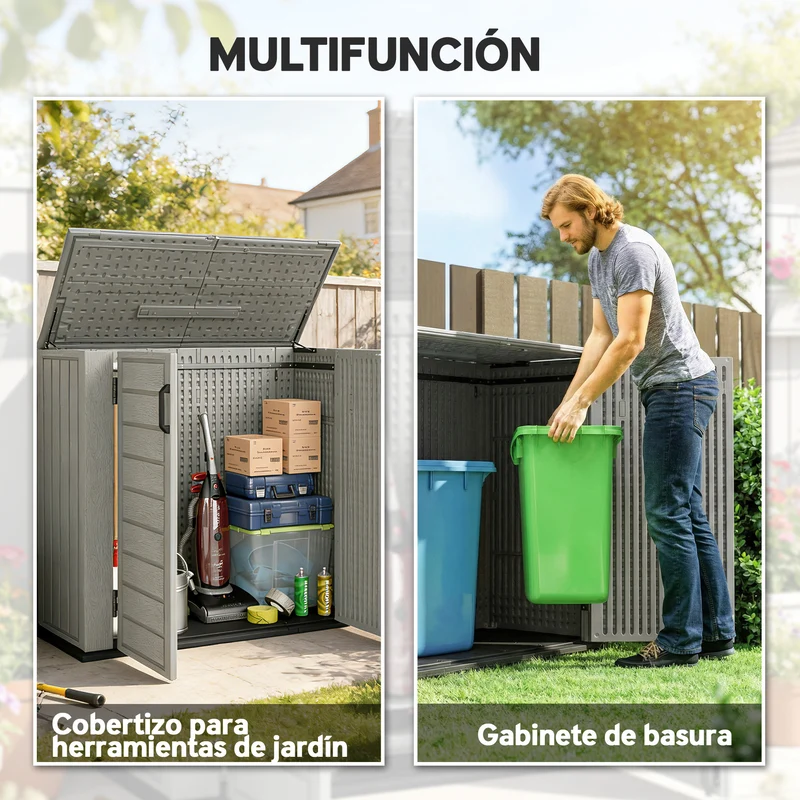 Outsunny Armario de Exterior de HDPE, 940L, Caseta de Jardín Exterior con Tapa Abatible, 2 Puertas, Cerradura, Cobertizo de Jardín para Almacenaje Herramientas, 142x67x119 cm, Gris Claro