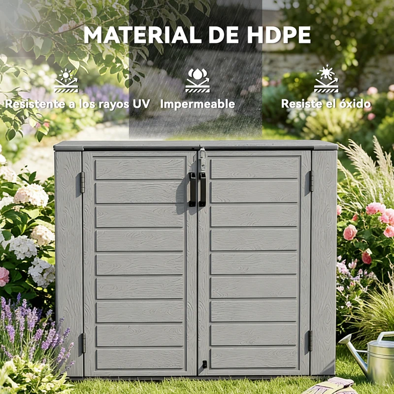 Outsunny Armario de Exterior de HDPE, 940L, Caseta de Jardín Exterior con Tapa Abatible, 2 Puertas, Cerradura, Cobertizo de Jardín para Almacenaje Herramientas, 142x67x119 cm, Gris Claro