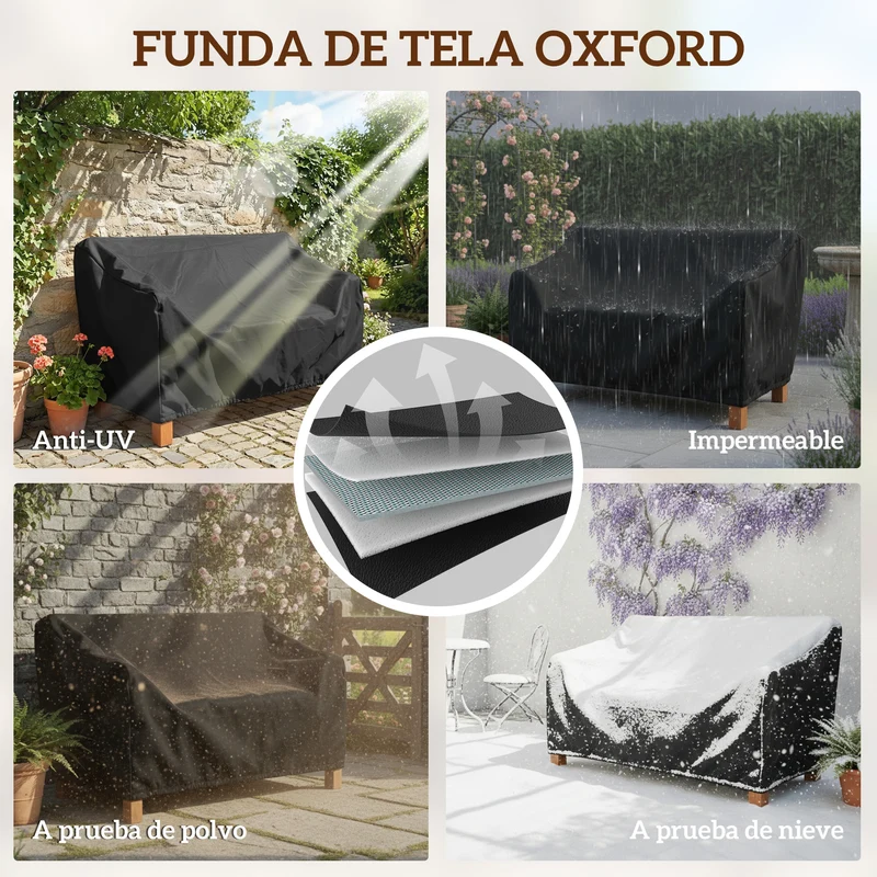 Outsunny Banco de Jardín de Madera, Banco de Exterior de 2 Plazas con Funda Impermeable, Respaldo Ergonómico, Reposabrazos, Carga 240 kg, para Patio, Terraza, 125x62x90 cm, Marrón Claro