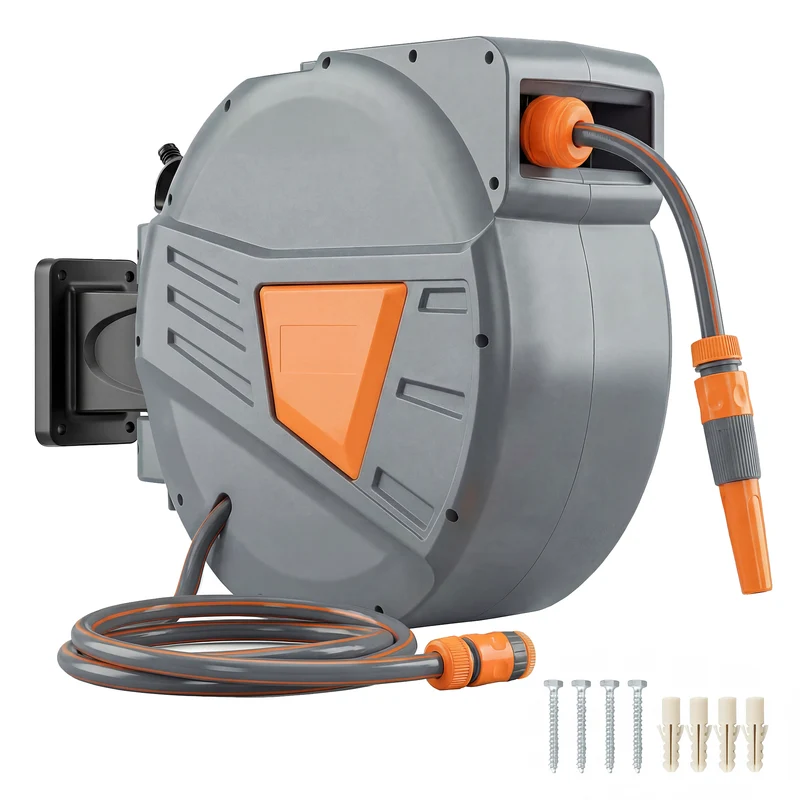 Outsunny Enrollador de Manguera para Jardín 20+1,6 m con Boquilla de 2 Modos, Carrete de Manguera de Jardín de Pared con Bloqueo Automático y Retracción Controlada, Soporte Orientable 180°, Naranja