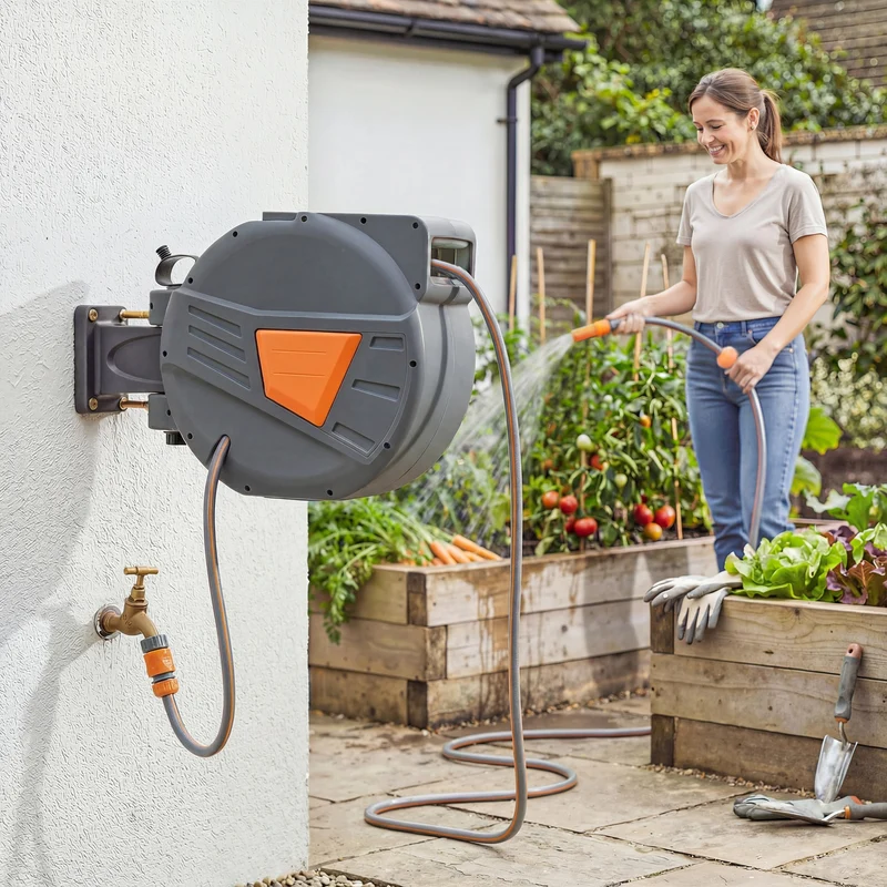Outsunny Enrollador de Manguera para Jardín 20+1,6 m con Boquilla de 2 Modos, Carrete de Manguera de Jardín de Pared con Bloqueo Automático y Retracción Controlada, Soporte Orientable 180°, Naranja