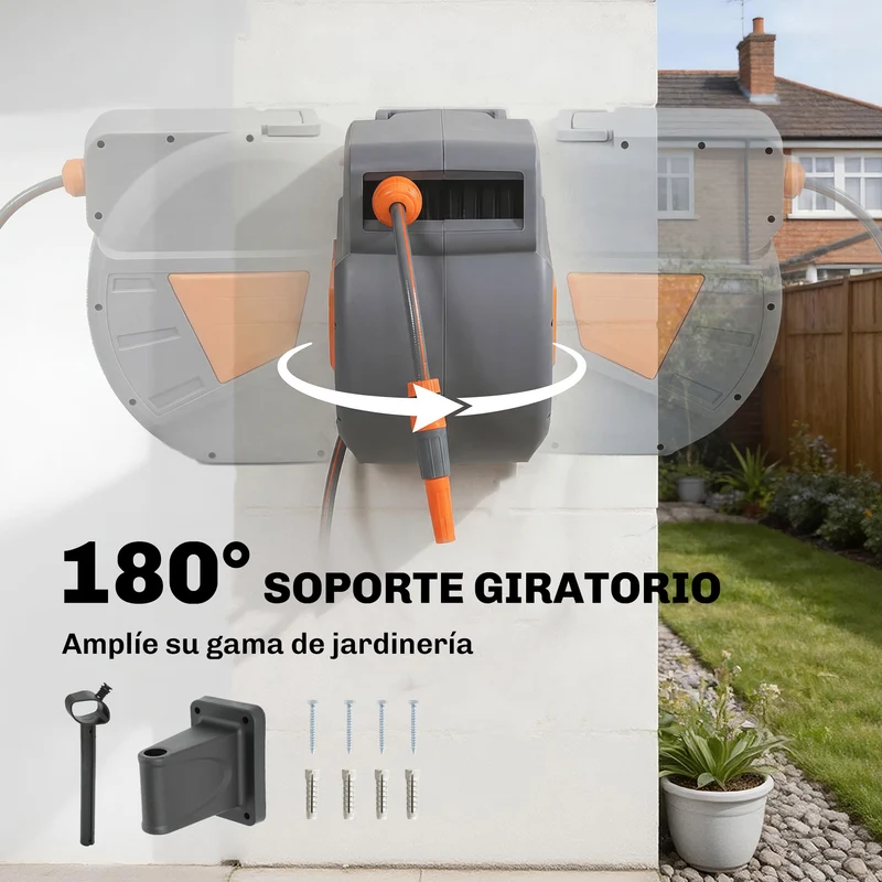 Outsunny Enrollador de Manguera para Jardín 20+1,6 m con Boquilla de 2 Modos, Carrete de Manguera de Jardín de Pared con Bloqueo Automático y Retracción Controlada, Soporte Orientable 180°, Naranja