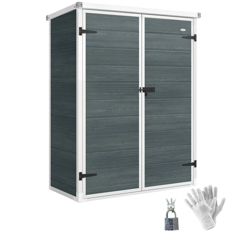Outsunny Caseta de Jardín Exterior, 0,81 m², 134x68,5x170 cm, Cobertizo de Jardín Exterior de Plástico con Suelo, 2 Estantes Plegables, Puertas Dobles con Pestillo para Almacenaje Herramientas, Gris