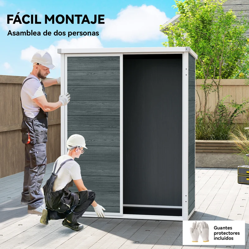 Outsunny Caseta de Jardín Exterior, 0,81 m², 134x68,5x170 cm, Cobertizo de Jardín Exterior de Plástico con Suelo, 2 Estantes Plegables, Puertas Dobles con Pestillo para Almacenaje Herramientas, Gris