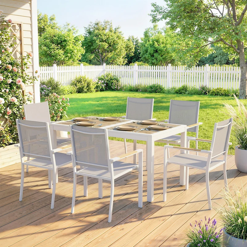 Outsunny Conjunto de Mesa y Sillas Jardín de 7 Piezas, Muebles Jardín Exterior con Mesa de Plástico PSPC, 6 Sillas Apilables Transpirables, Marco de Acero Resistente a la Intemperie, Blanco