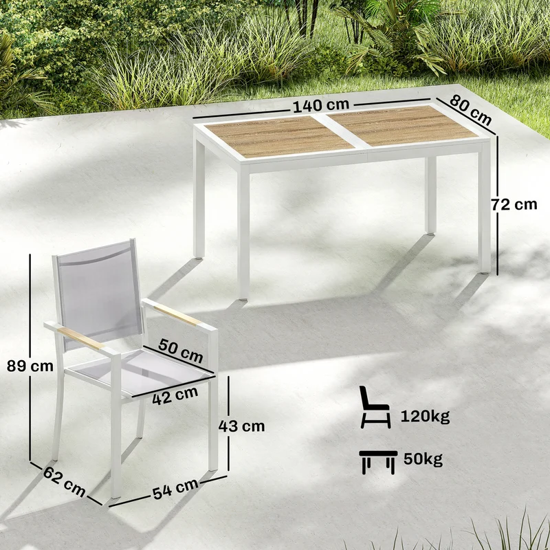 Outsunny Conjunto de Mesa y Sillas Jardín de 7 Piezas, Muebles Jardín Exterior con Mesa de Plástico PSPC, 6 Sillas Apilables Transpirables, Marco de Acero Resistente a la Intemperie, Blanco