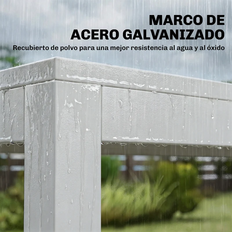 Outsunny Conjunto de Mesa y Sillas Jardín de 7 Piezas, Muebles Jardín Exterior con Mesa de Plástico PSPC, 6 Sillas Apilables Transpirables, Marco de Acero Resistente a la Intemperie, Blanco