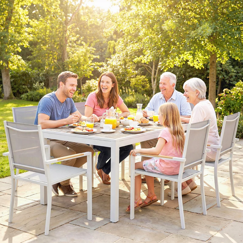 Outsunny Conjunto de Mesa y Sillas Jardín de 7 Piezas, Muebles Jardín Exterior con Mesa de Plástico PSPC, 6 Sillas Apilables Transpirables, Marco de Acero Resistente a la Intemperie, Blanco