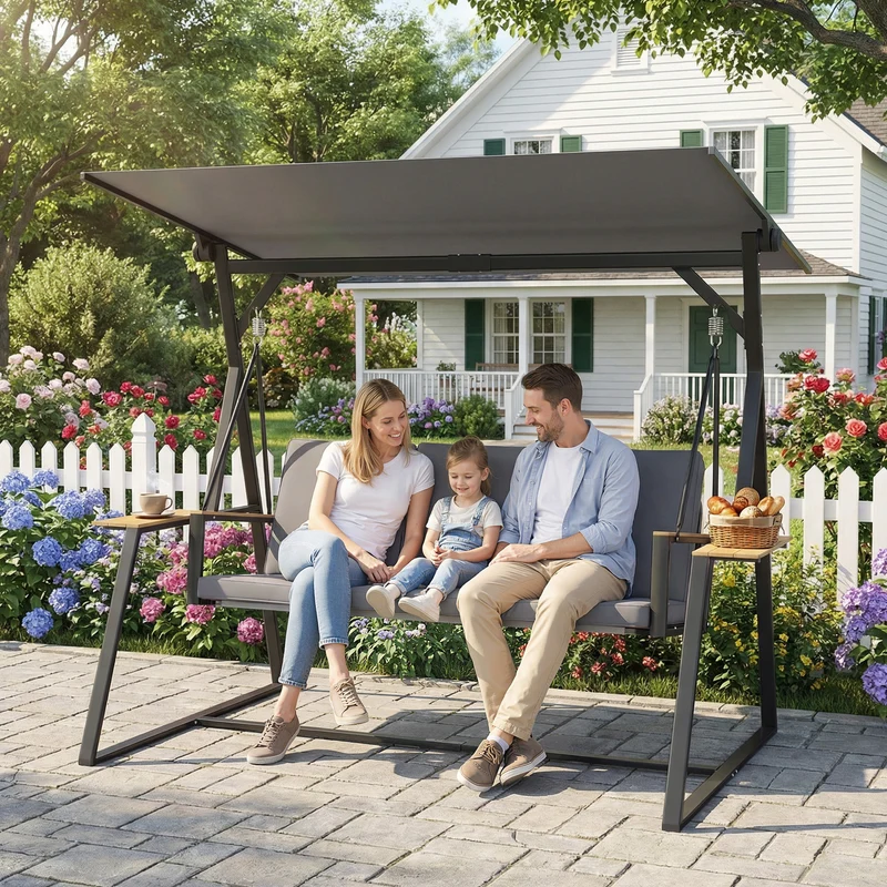 Outsunny Columpio de Jardín de 3 Plazas, Balancín de Jardín Exterior con Techo Ajustable UPF50+, 2 Bandejas, Cojines y Marco de Metal, para Balcón, Terraza, Patio, Carga 360 kg, 222x131x175 cm, Gris